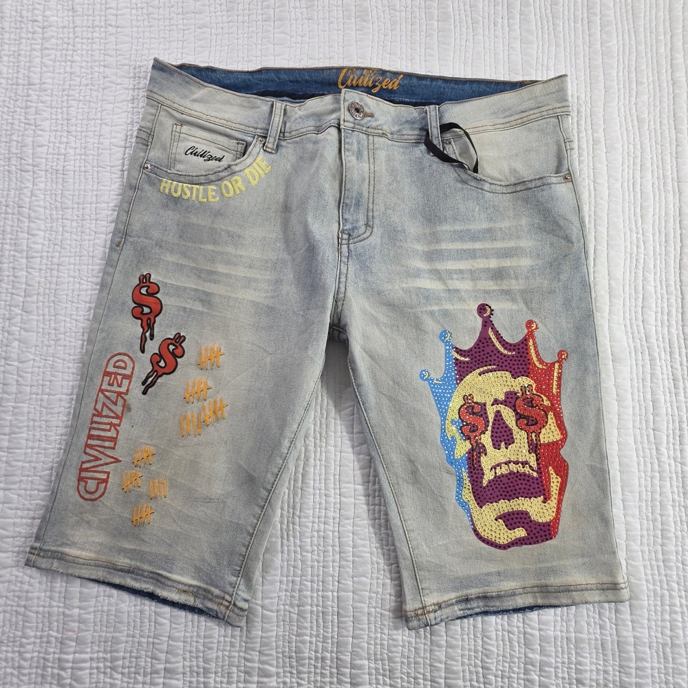 Civilized Mens 38 Y2K Streetwear Rhinestone Crown Hustle Or Die Jorts Festival